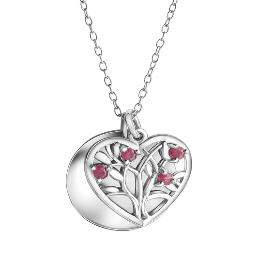 Anhänger mit Kette aus 925/- Sterling Silber mit zwei Anhängern rund glanz und Herz Lebensbaum mit Rubin