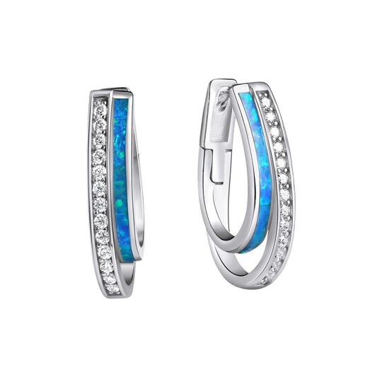 Klappcreolen aus 925/- Sterling Silber rhodiniert zweireihig mit Zirkonia und synth.Opal blau