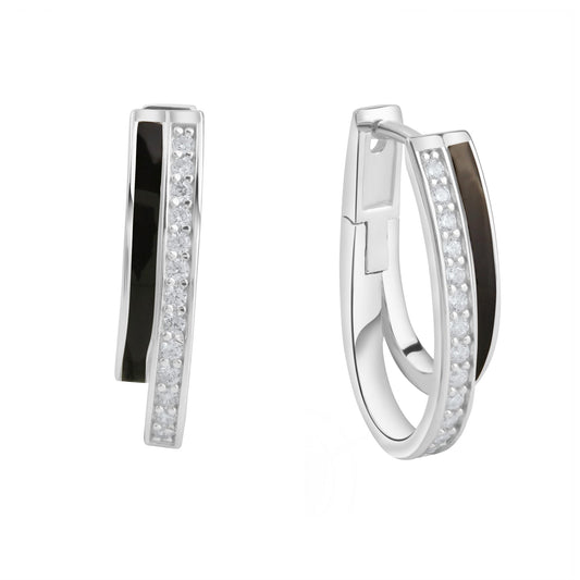 Klappcreolen aus 925/- Sterling Silber rhodiniert mit 26 weißen Zirkona-Steinen, 2-reihig mit schwarzer Lackbeschichtung und 21,5mm Länge