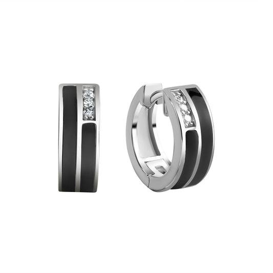 Klappcreolen aus 925/- Sterling Silber rhodiniert mit je 3x weißen Zirkona-Steinen, schwarze Lackbeschichtung und 15mm Durchmesser