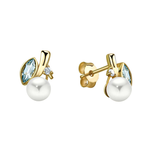 Fascination by Ellen K.- Damen-Ohrstecler aus 375 Gelbgold mit weißer Perle 6mm, natürlichem Topas blau (beh.) und weißem Zirkonia