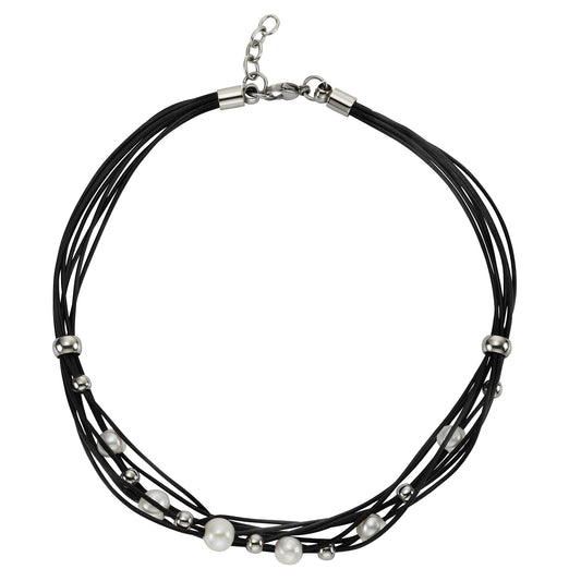 Zeeme Stainless Steel - Damen-Halskette aus Leder 8-reihig mit Stahlkugeln und weißen Perlen 42+3cm