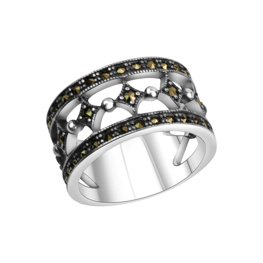 Zeeme Gemstones - Damen-Ring aus 925 Sterling Silber oxydiert mit 40 echten Markasit-Steinen
