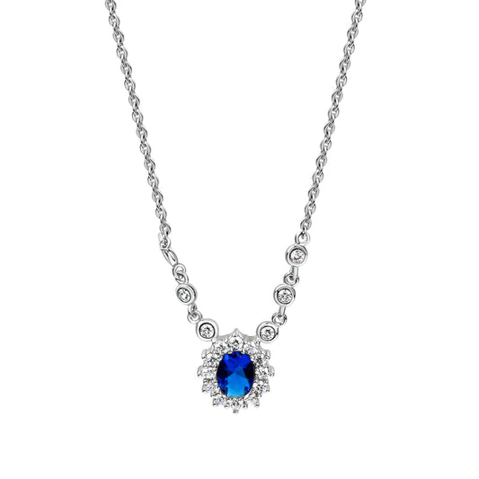 Zeeme Silver - Damen-Halskette aus Silber 925 rhodiniert mit 42+3cm Länge, Glasstein in blau + 18x Zirkonia in weiß