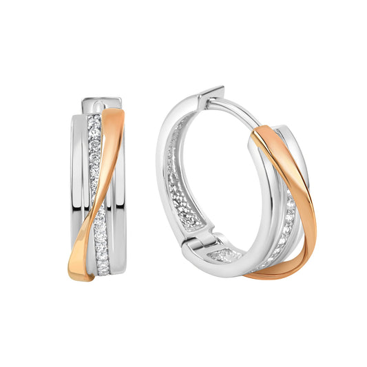 Zeeme Basic - Damen-Ohrringe aus 925 Sterling Silber zweifarbig mit weißen Zirkonia-Steinen 16mm Durchmesser
