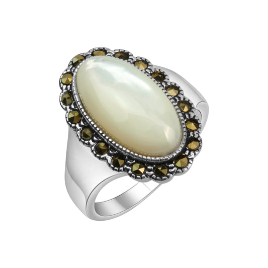 Zeeme Gemstones - Damen-Ring aus 925 Sterling Silber oxydiert mit weißem Perlmutt und 18 Markasit-Steinen