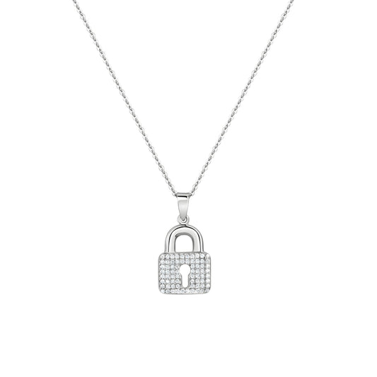 Anhänger mit Kette aus 925/- Sterling Silber rhodiniert Anhänger Schloß besetzt mit 70 Zirkonia