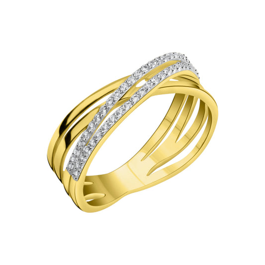 Damenring aus 375/- Gelbgold bicolor mit 52 weißen Zirkonia