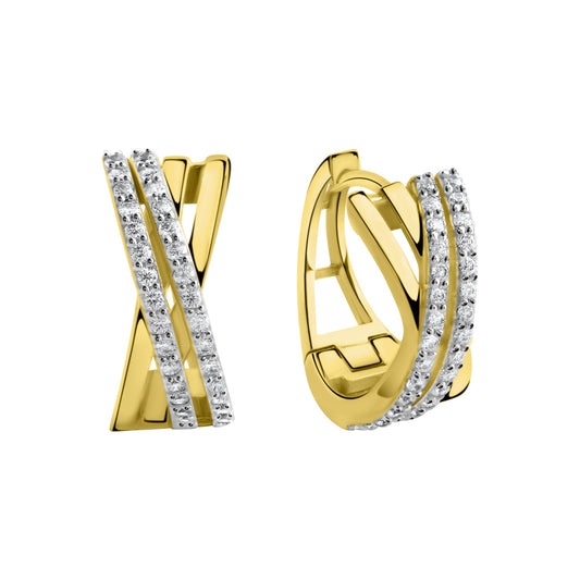 Klappcreolen aus 375/- Gelbgold bicolor glanz mit 60 weißen Zirkonia
