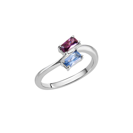 Damenring aus 925/- Sterling Silber rhodiniert mit 1 Zirkonia lila und 1 Spinell hellblau