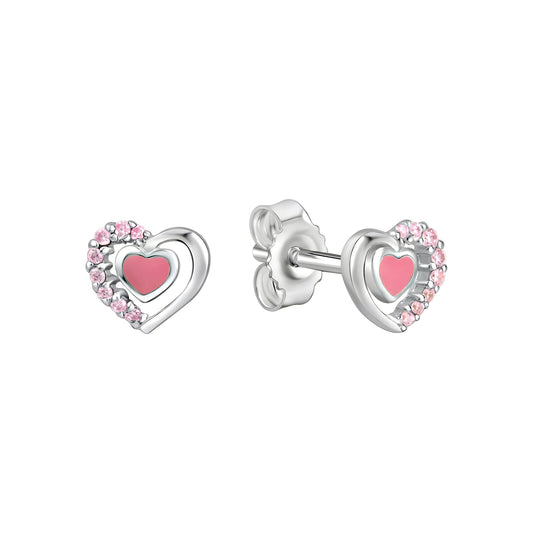 Ohrstecker aus 925/- Sterling Silber rhodiniert Herz rosa Lack und 14 Zirkonia pink