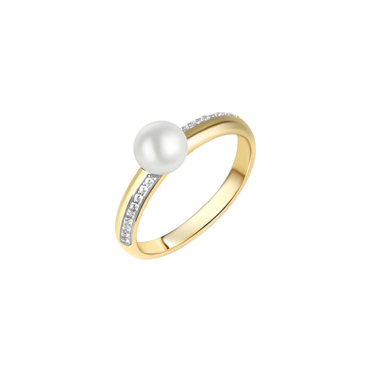 Damenring aus 375/- Gebgold bicolor 18 zIrkonia weiß 1 Süßwasserzuchtperle 6,5mm