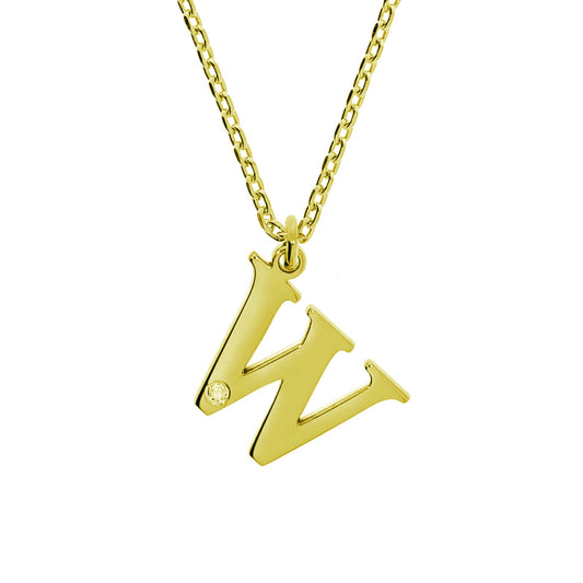 Anhänger mit Kette aus 925/- Sterling Silber vergoldet Buchstabe W 1 Diam. 0,008ct.