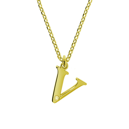 Anhänger mit Kette aus 925/- Sterling Silber vergoldet Buchstabe V 1 Diam. 0,008ct.