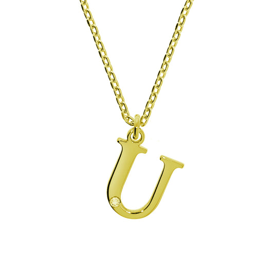 Anhänger mit Kette aus 925/- Sterling Silber vergoldet Buchstabe U 1 Diam. 0,008ct.