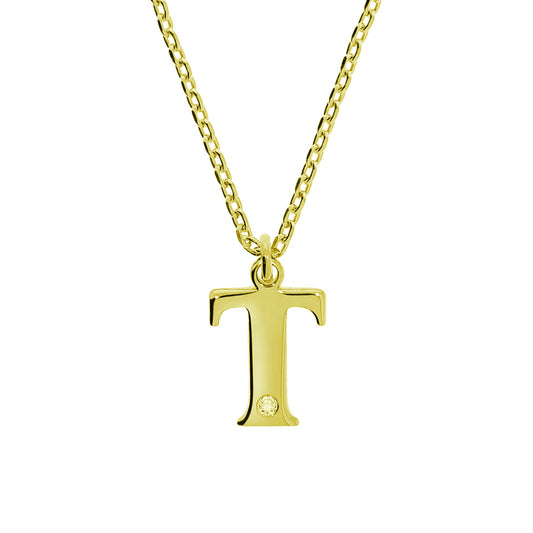 Anhänger mit Kette aus 925/- Sterling Silber vergoldet Buchstabe T 1 Diam. 0,008ct.