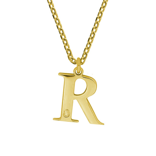 Anhänger mit Kette aus 925/- Sterling Silber vergoldet Buchstabe R 1 Diam. 0,008ct.