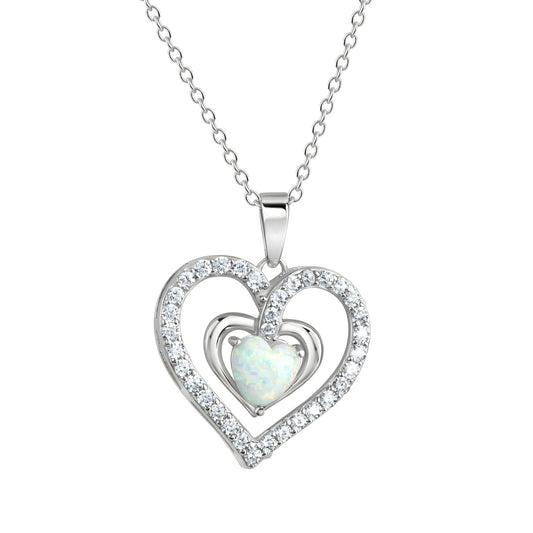 Anhänger mit Kette aus 925/- Sterling Silber rhodiniert Herz mit 1 synth. Opal und 34 weißen Zirkonia