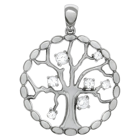 Anhänger aus 925/- Sterling Silber rhodiniert Motiv Lebensbaum mit 7 weißen Zirkonia
