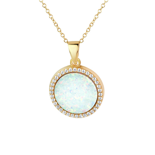 Anhänger mit Kette aus 925/- Sterling Silber vergoldet mit synth. Opal und 36 weißen Zirkonia