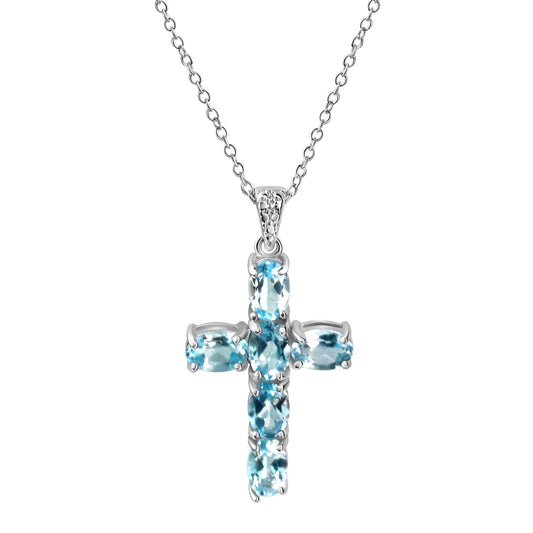 Anhänger mit Kette aus 925/- Sterling Silber rhodiniert Kreuz mit Blautopas