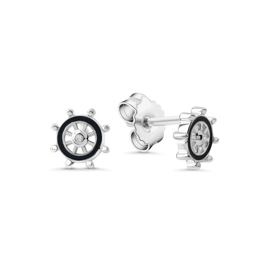 Ohrstecker aus 925/- Sterling Silber rhodiniert Motiv Steuerrad mit schwarzem Lack 2 Zirkonia weiß