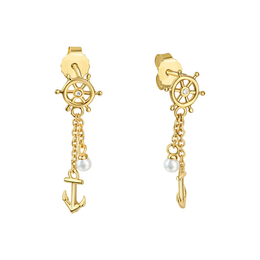 Ohrstecker aus 925/- Sterling Silber vergoldet Motiv Anker und Steuerrad 2 weiße Zirkonia