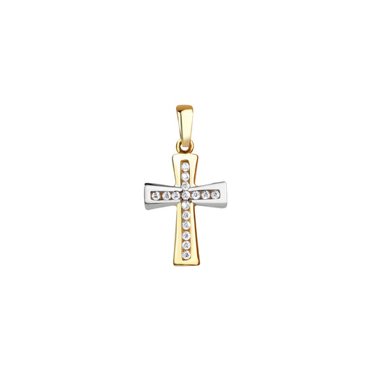 Anhänger aus 375/- Gelbgold bicolor Motiv Kreuz mit 16 weißen Zirkonia