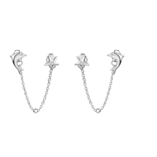 Doppel-Ohrstecker aus 925/- Sterling Silber rhodiniert Motiv Delfin und Seestern