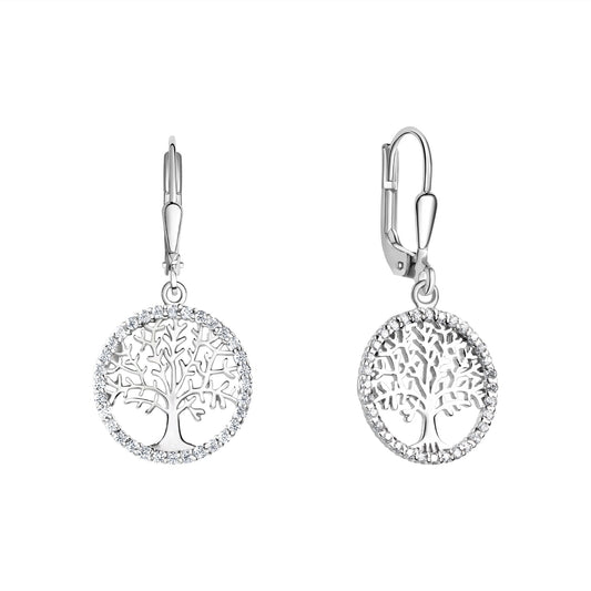Ohrhänger aus 925/- Sterling Silber rhodiniert Lebensbaum mit insg. 60 Zirkonia weiß