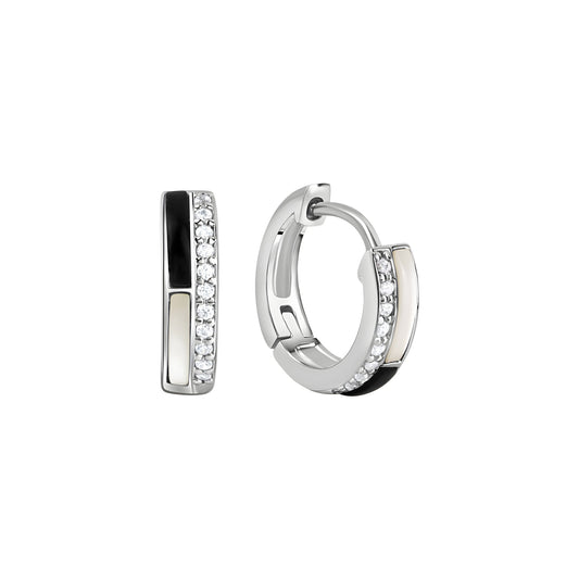 Klappcreolen aus 925/- Sterling Silber rhodiniert mit 22 Zirkonia weiß Perlmutt und Onyx