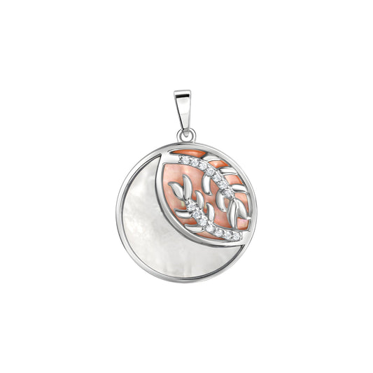 Anhänger aus 925/- Sterling Silber rhodiniert rund mit Perlmutt weiß/rosé und 14 Zirkonia weiß
