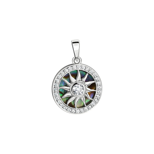 Anhänger aus 925/- Sterling Silber rhodiniert Motiv Sonne Abalone grün und 33 Zirkonia weiß