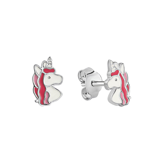 Ohrstecker aus 925/- Sterling Silber rhodiniert Motiv Einhorn mit Lack weiß/pink