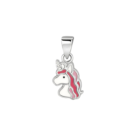 Anhänger aus 925/- Sterling Silber rhodiniert Motiv Einhorn mit Lack weiß/pink