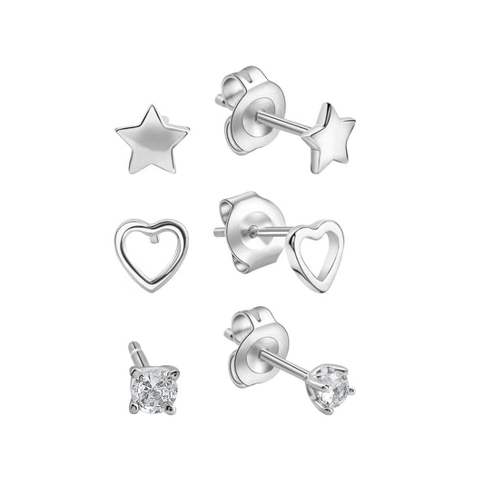 Ohrstecker 3-teiliges Set aus 925/- Sterling Silber rhodiniert Stern,Herz, 2 Zirkonia weiß