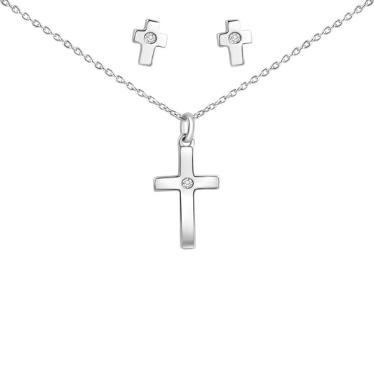Dreiteiliges Set aus 925/- Sterling Silber rhodiniert Anhänger Kreuz mit Kette und Ohrstecker Kreuz