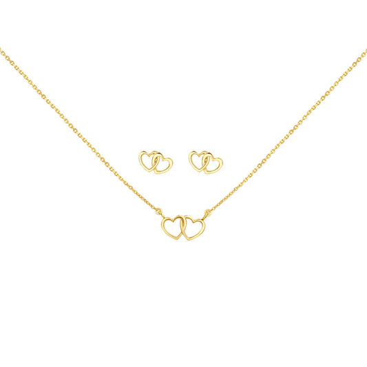 Dreiteiliges Set aus 925/- Sterling Silber vergoldet Anhänger mit Kette und Ohrstecker Doppelherz