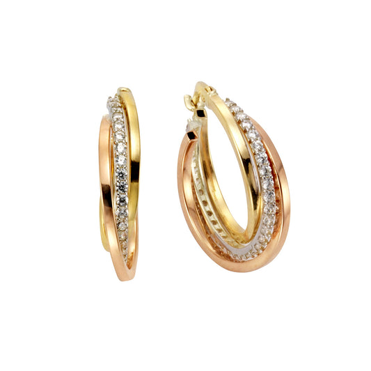 Creolen aus 375/- Gelbgold 3-farbig mit insg. 70 weißen Zirkonia