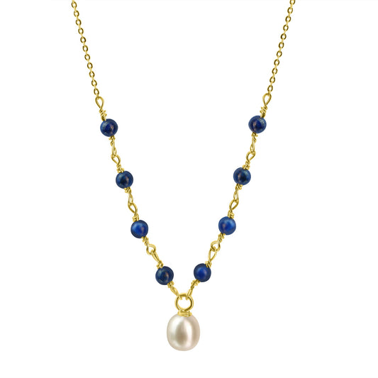 Collier aus 375/- Gelbgold glanz mit 1 Süßwasserzuchtperle und Lapis