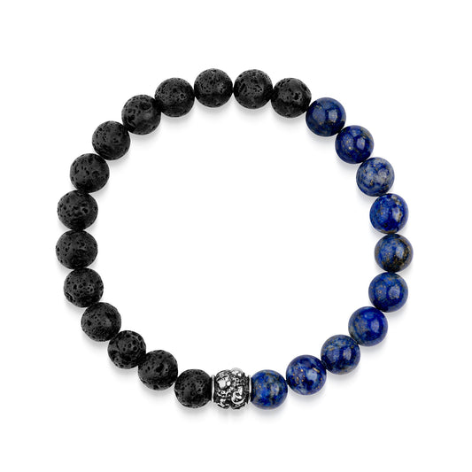Stretch-Armband aus Edelstahl mit Lavakugeln 9mm und Lapis 8mm