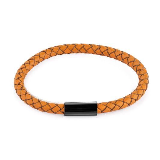 Herren-Armband aus Edelstahl Leder geflochten orange Länge 21cm