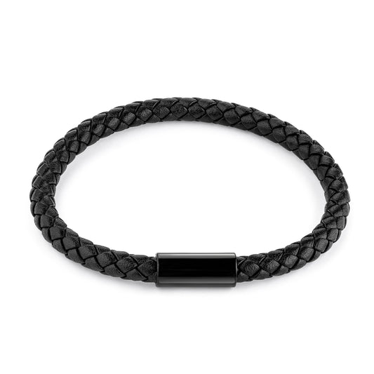 Herren Armband aus Edelstahl Leder geflochten schwarz 6 mm breit Länge 21cm