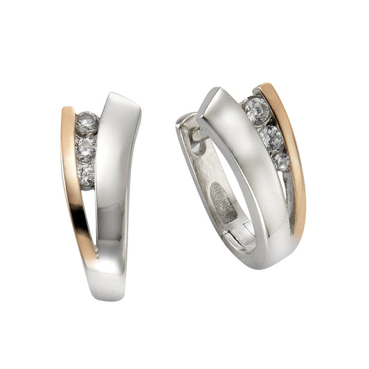 Klappcreolen aus 925/- Sterling Silber rhodiniert + rosè mit je 3 weißen Zirkonia-Steinen mit 1,6cm Länge