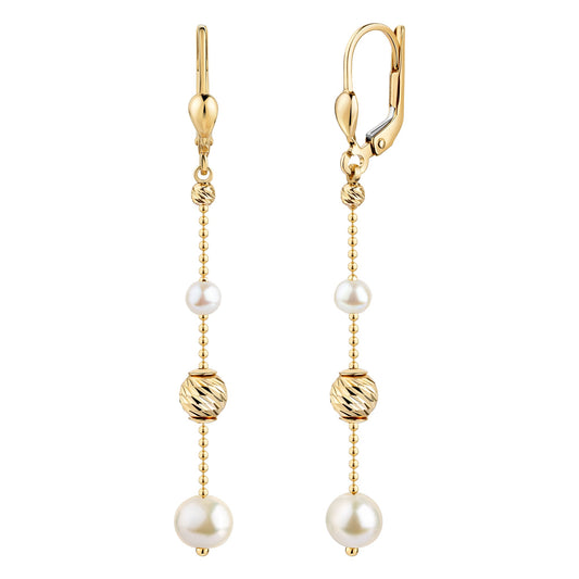 Fascination by Ellen K. - Damen-Ohrhänger aus 585 Gelbgold mit diamantierten Gold-Kugeln und weißen Perlen 5,7cm lang