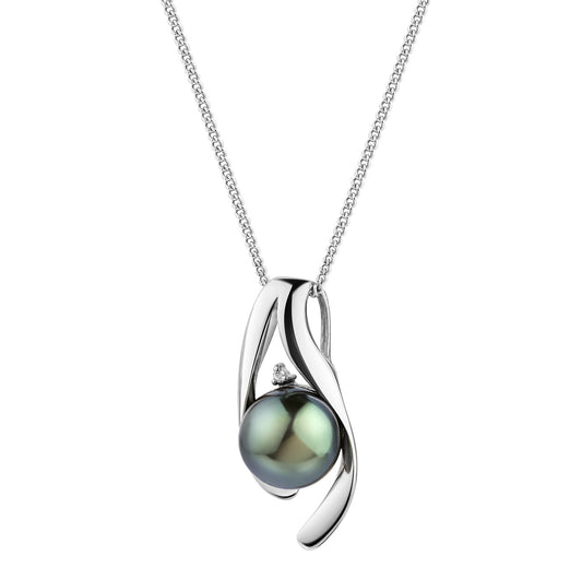 Anhänger mit Kette aus 585/- Weißgold mit 1 Tahitiperle und 1 Diam. 0,01 ct.