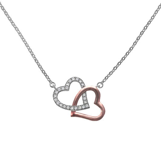 ZEEme Silver - Halskette Collier aus 925 Silber rhodiniert/rosévergoldet mit 24 Zirkonia-Steinen und zwei Herzen