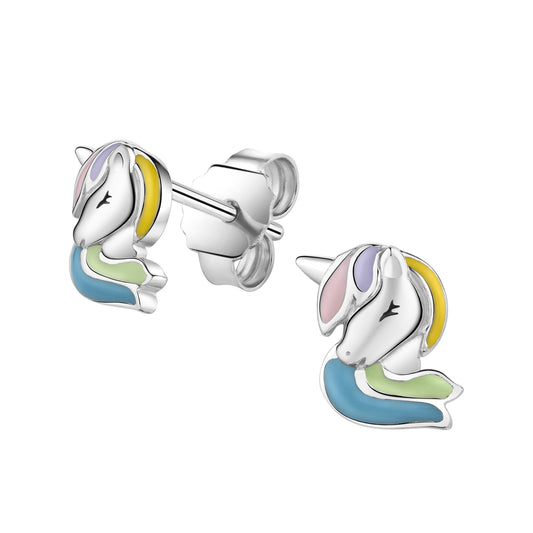 Zeeme for Kids - Kinder-Ohrringe aus 925 Sterling Silber rhodiniert mit buntem Einhorn-Motiv mit Emaillelack