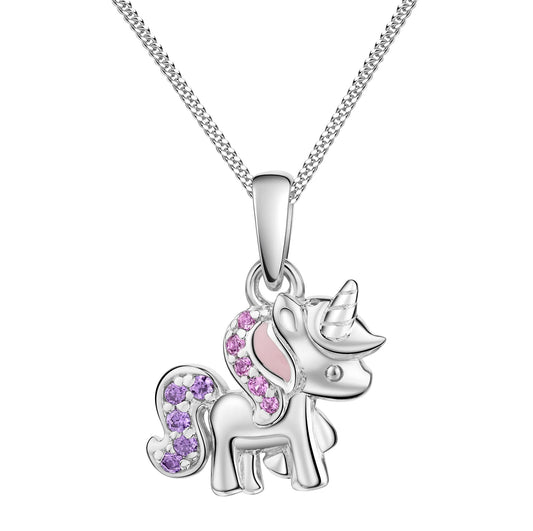 Zeeme for Kids - Kinder-Halskette aus 925 Sterling Silber rhodiniert 36+2cm lang mit lila pinkem Einhorn-Motiv und Zirkonia-Steinen
