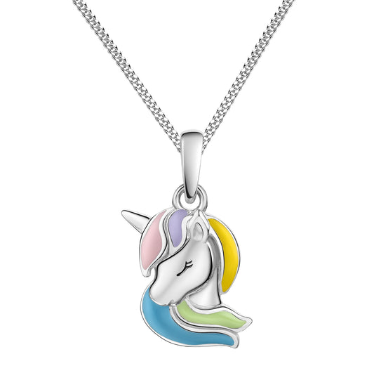 Anhänger mit Kette aus 925/- Sterling Silber rhodiniert Pferd mit Emaillelack bunt